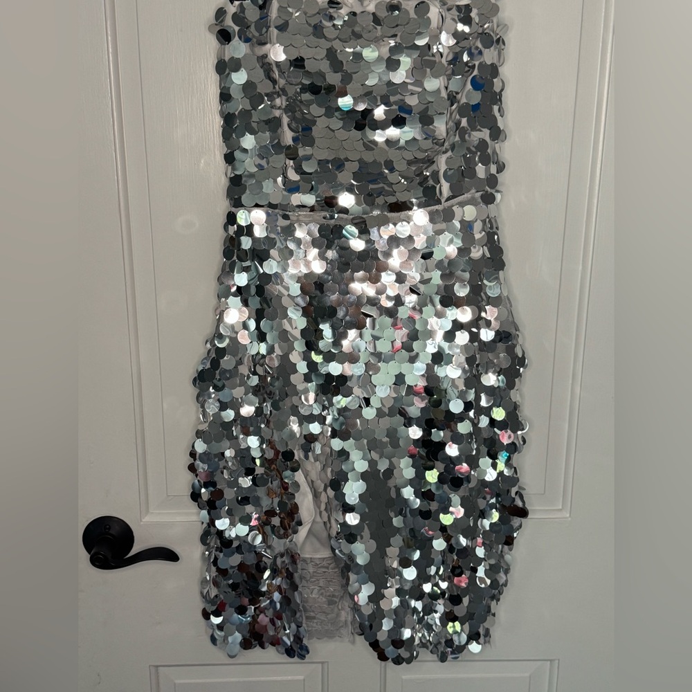 Silver Sequin Strapless Dress